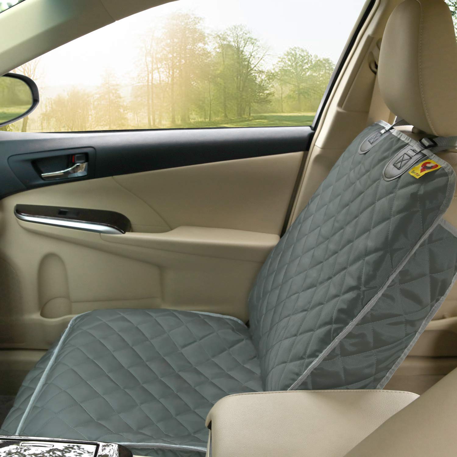 Bark Lover Deluxe front seat cover waterproof fabric withstands muddy paws.