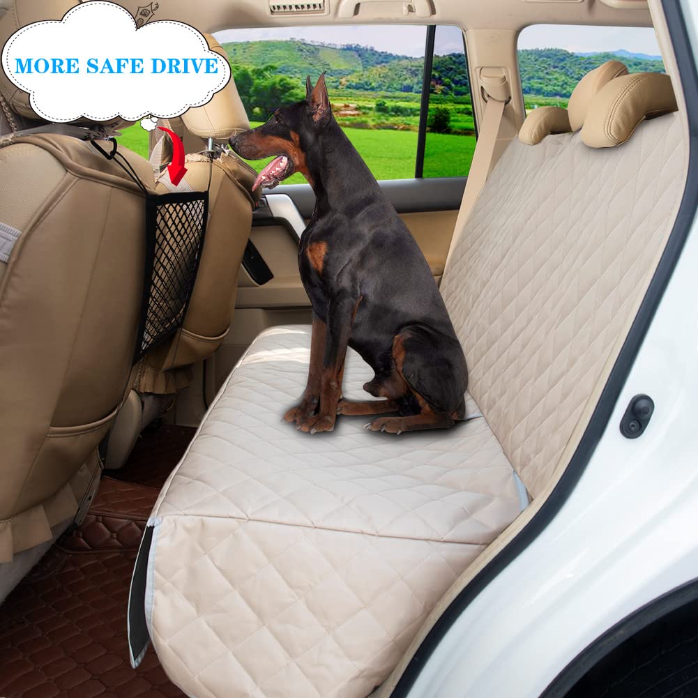 Bark Lover backseat cover with side flaps beige keeps pets secure during trips.