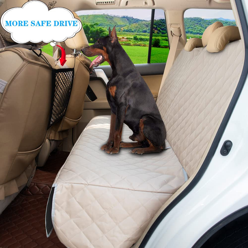 Bark Lover backseat cover with side flaps beige keeps pets secure during trips.