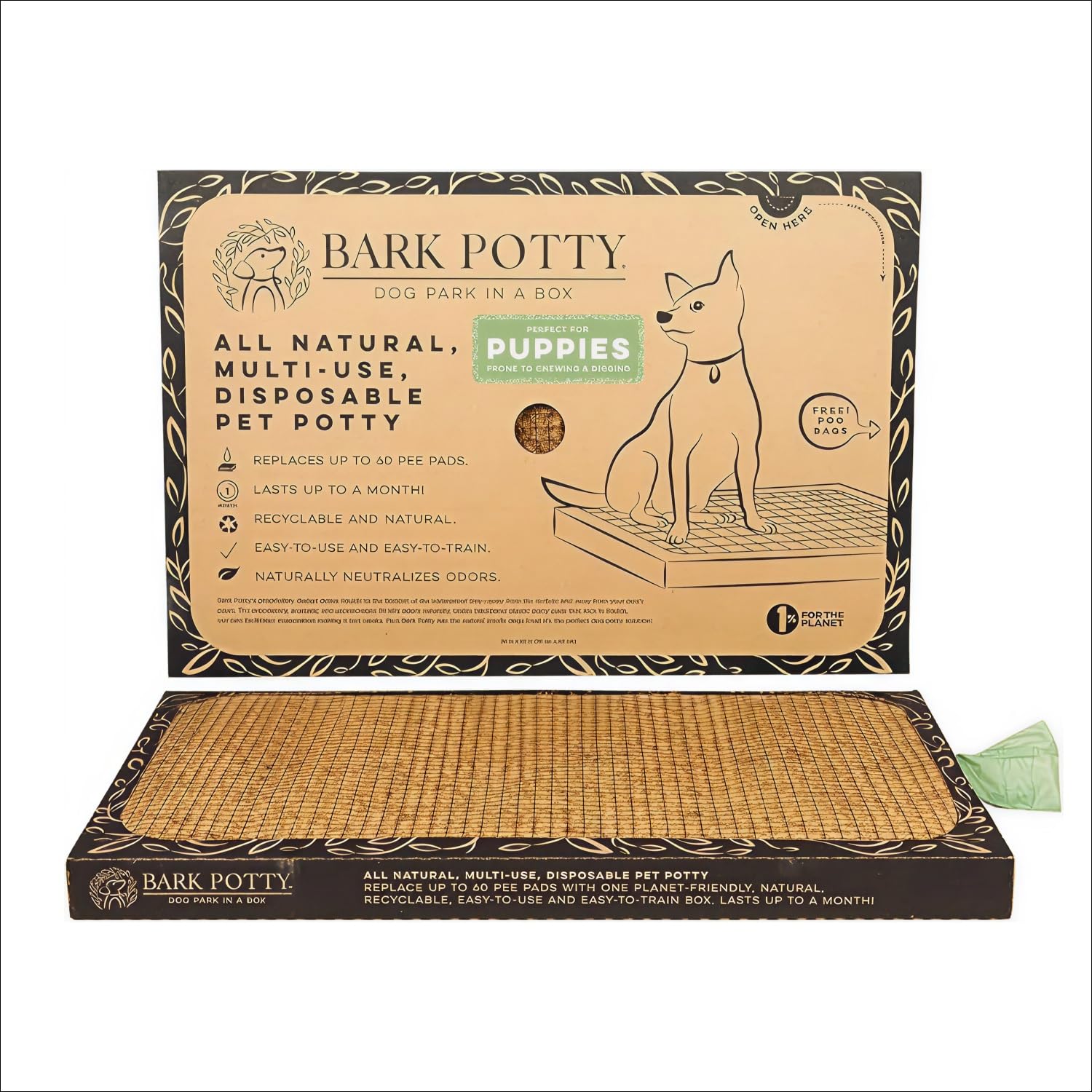 Bark Potty teething-puppy-use shows an indoor potty option aiding teething training