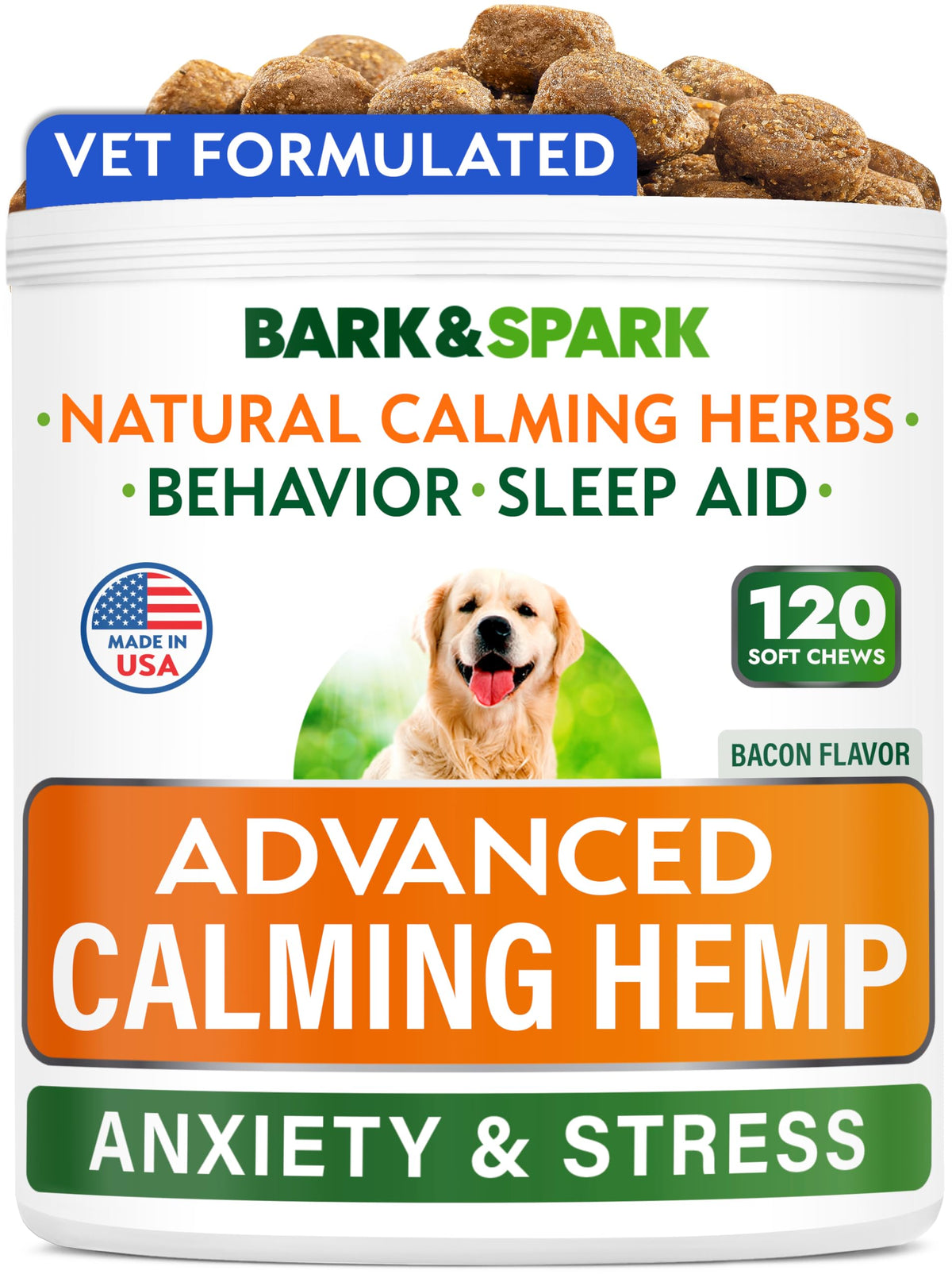 BARK&SPARK Advanced Calming Chews bottle shows calming support for anxious dogs during events.