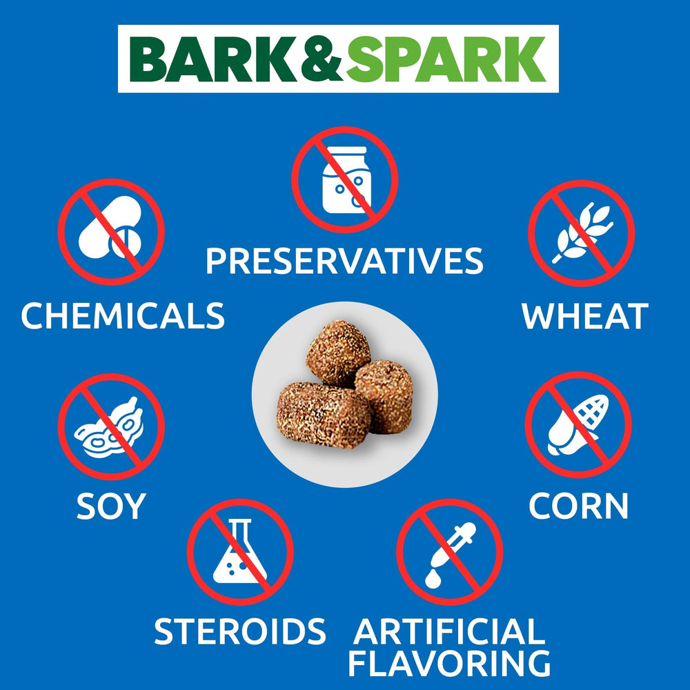 BARK&SPARK NO Poo Treats close-up showing chew size and digestion benefits.