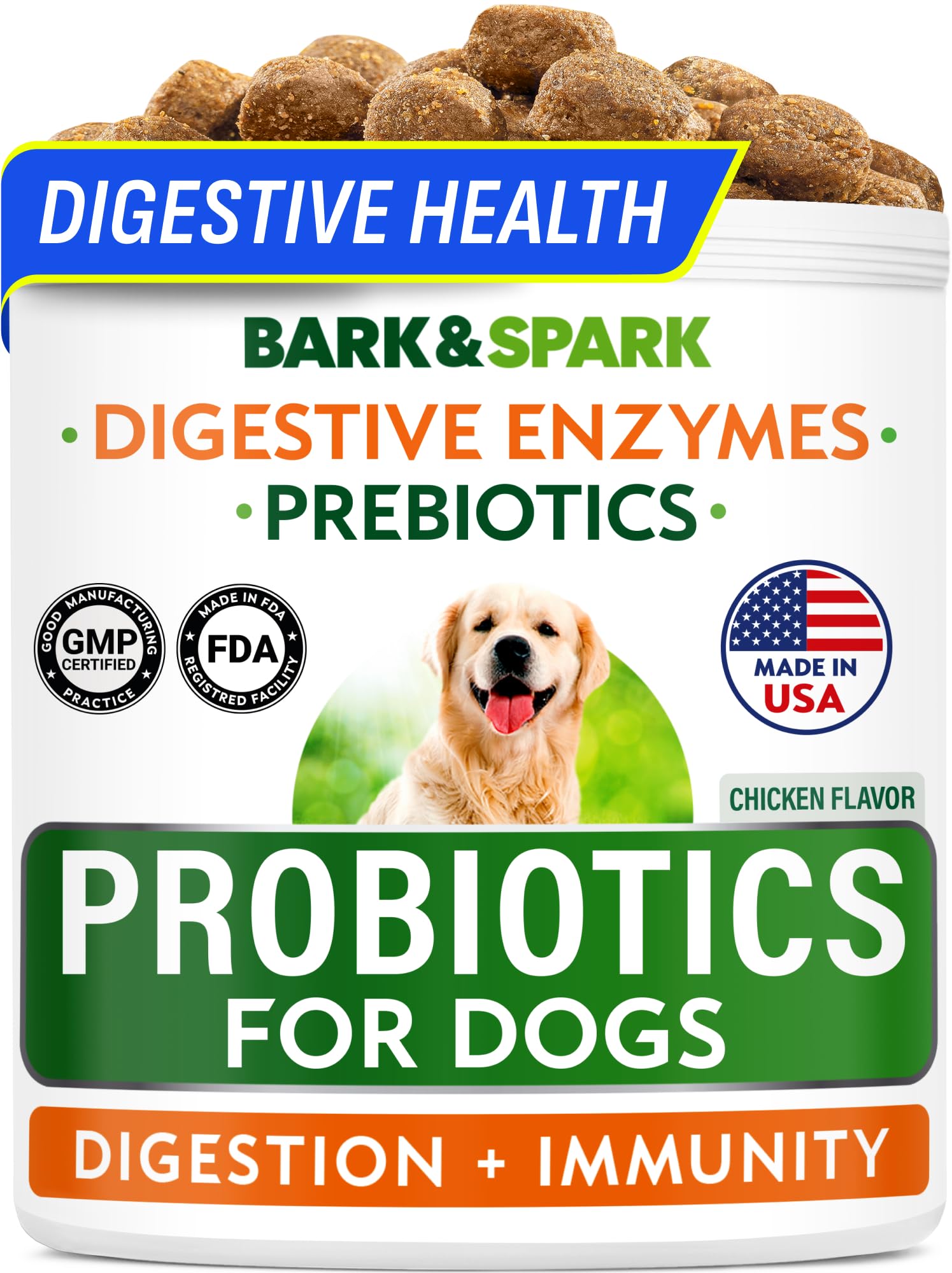 BARK&SPARK Probiotics for Dogs chews packaging shows gut health support in a tasty treat.