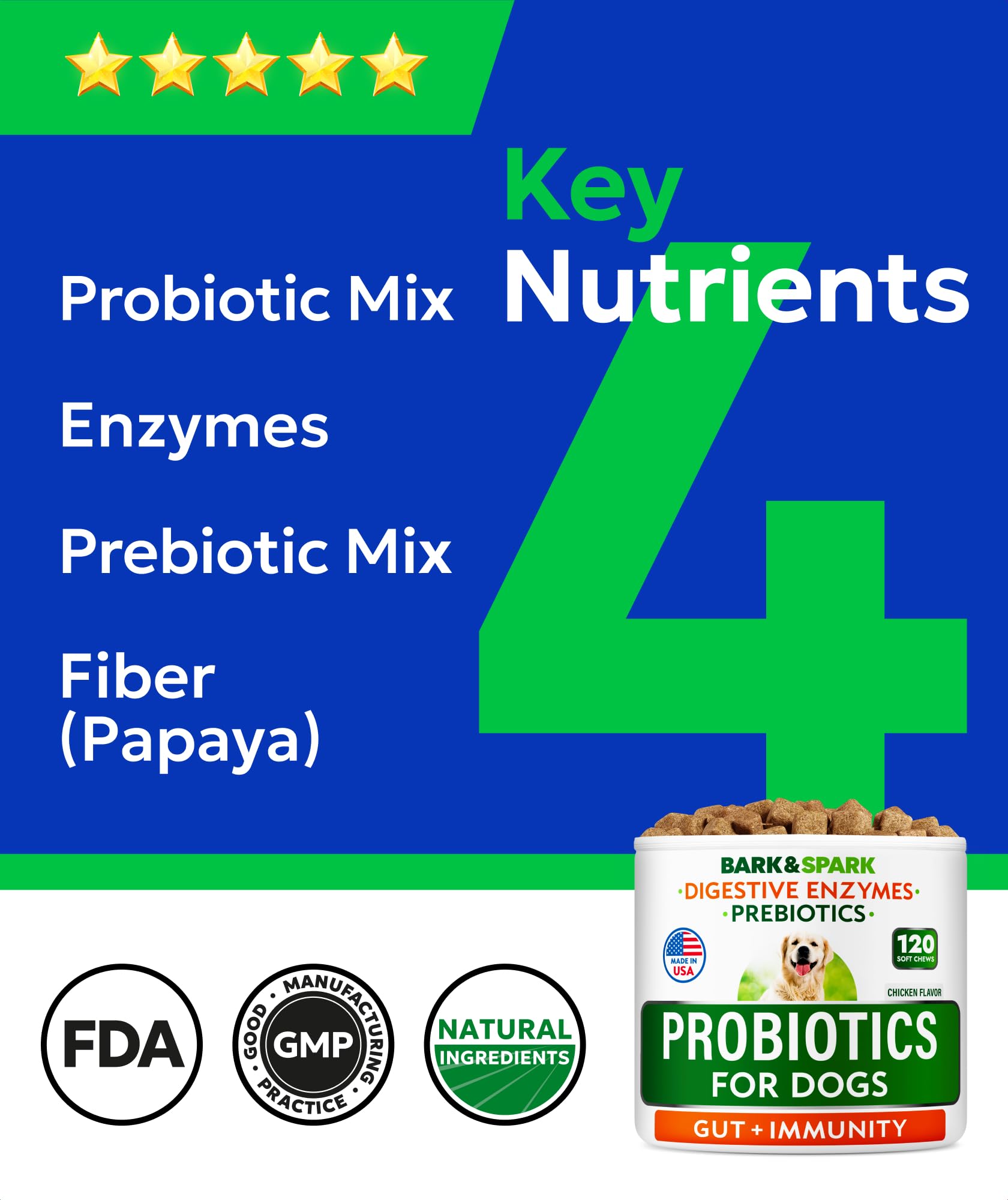 BARK&SPARK Probiotics for Dogs treats in a bowl illustrate flavor and digestive support.
