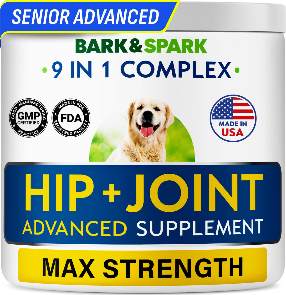 BARK&SPARK Senior Advanced Glucosamine Chondroitin bottle promoting joint-support for aging dogs