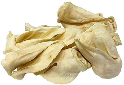 Bark Treasures cow ears closeup texture highlights thick, digestible chews for strong jaws.