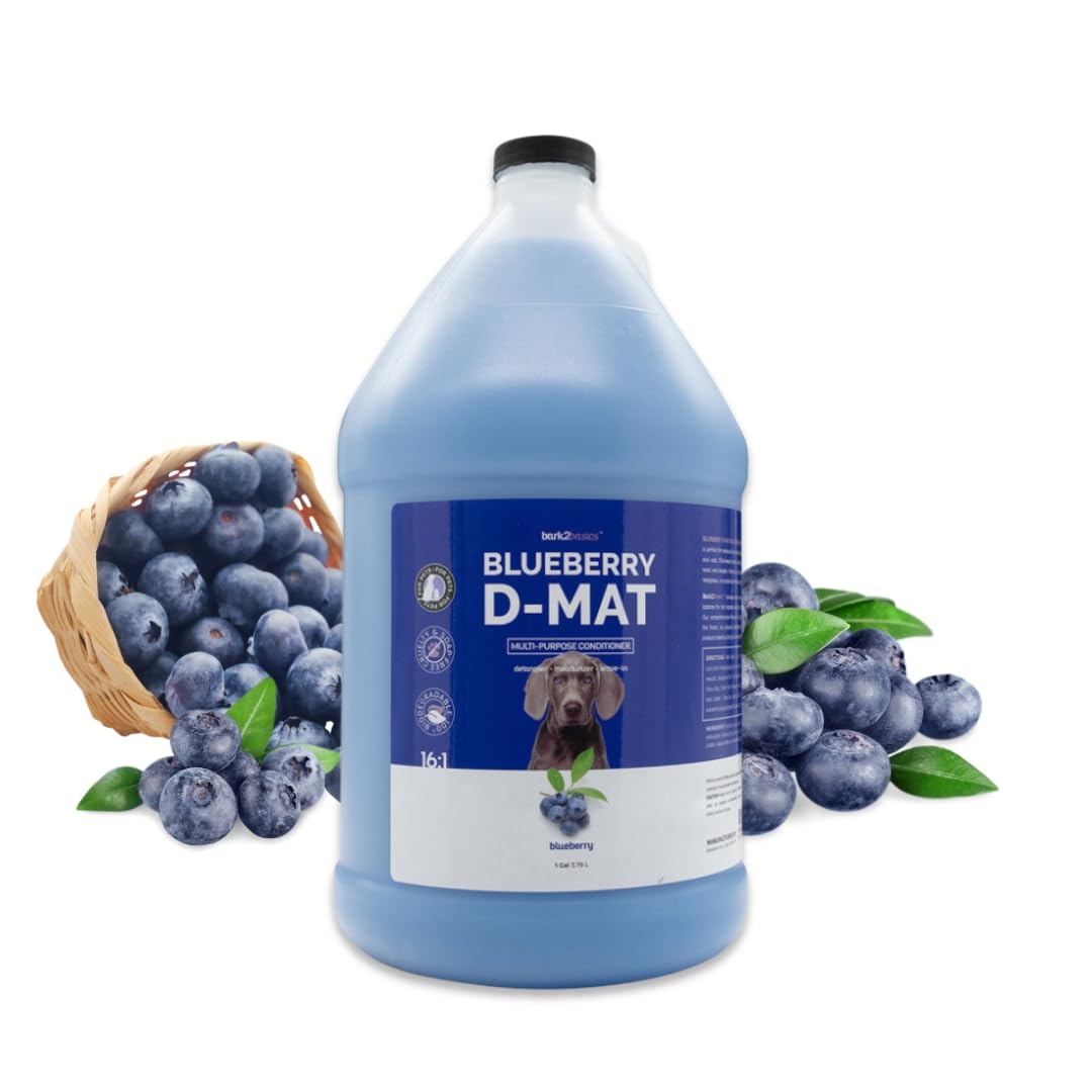 Bark2Basics Blueberry D-Mat Conditioner bottle for grooming and moisturizing.