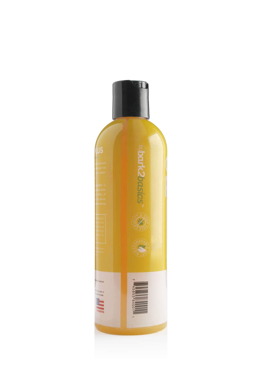 Bark2Basics Citrus Plus label highlights USA-made, cruelty-free, biodegradable formulation for eco-friendly grooming.