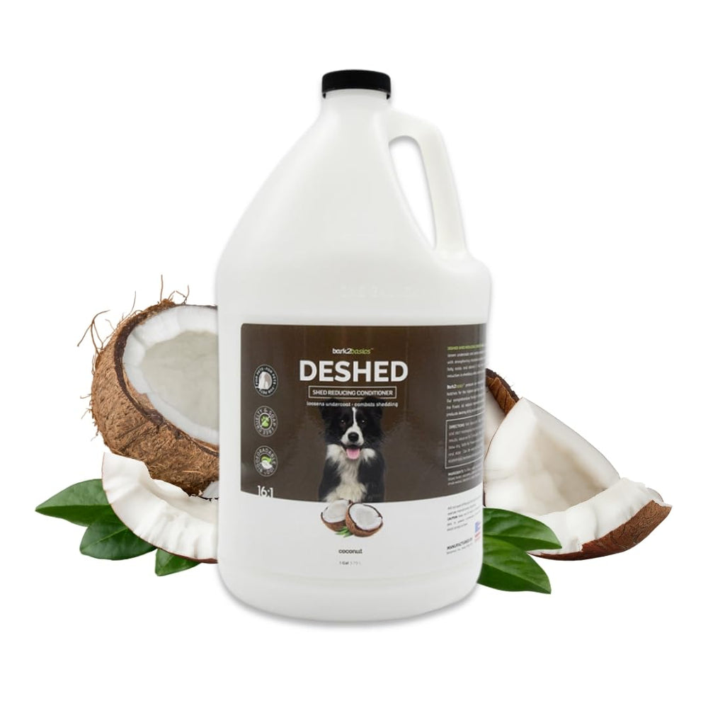 Bark2Basics DeShedding bottle pour shows shedding reduction and conditioning.