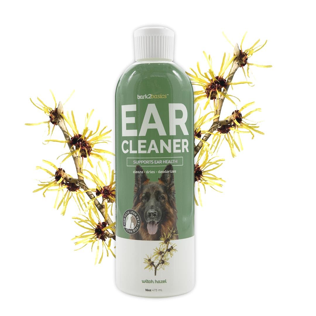 Bark2Basics dog ear cleaner bottle for gentle cleansing and debris removal in clean ears.