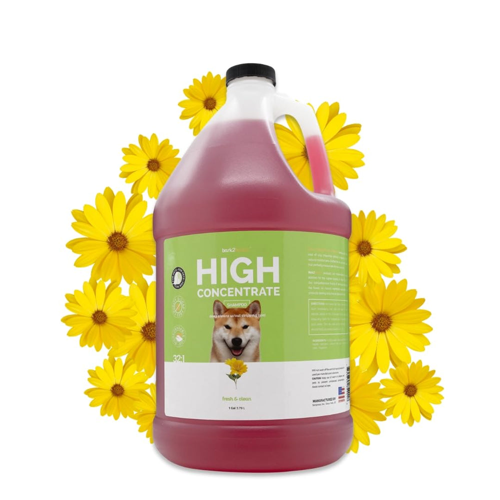 Bark2Basics high-concentrate dog shampoo bottle for deep cleaning and moisture retention.