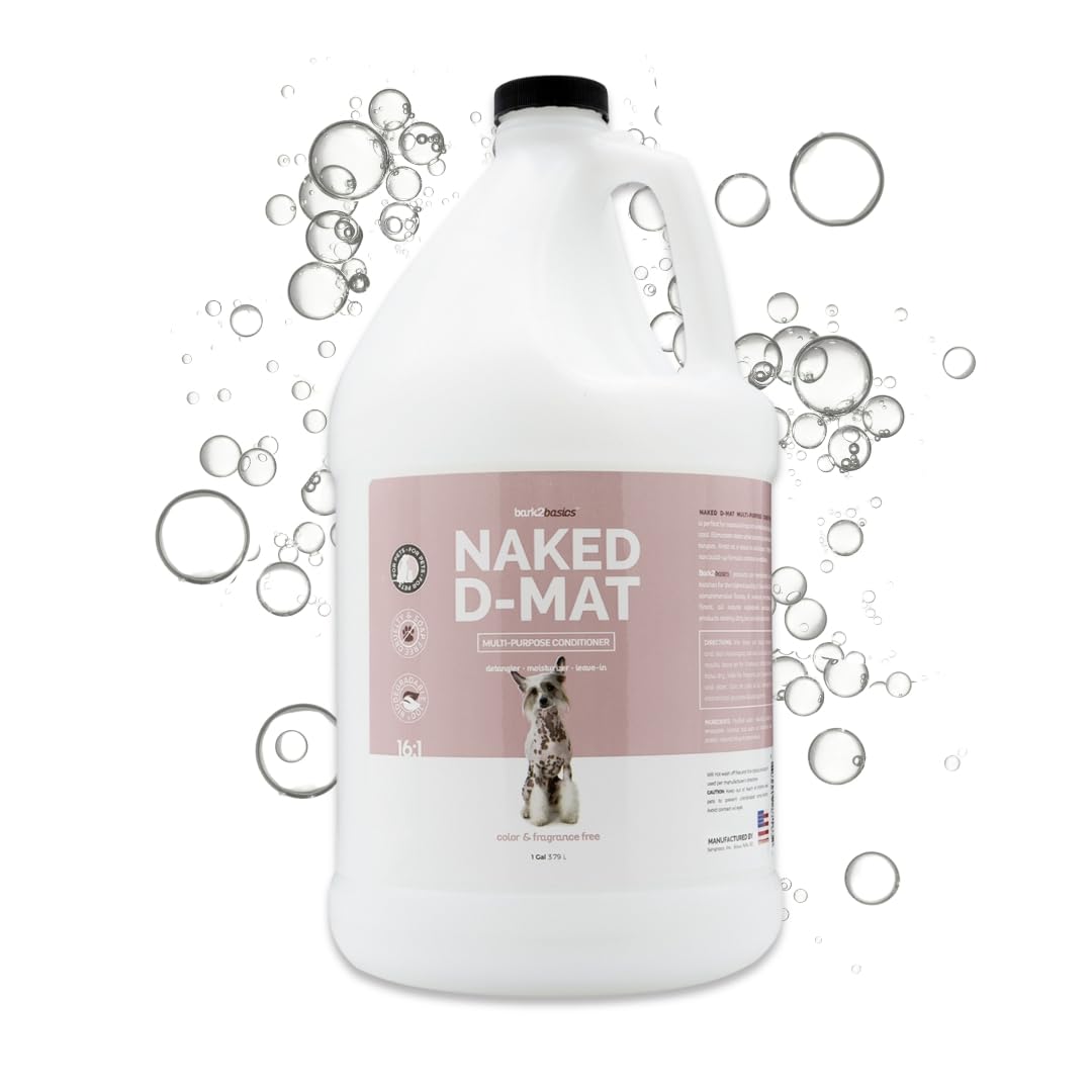 Bark2Basics Naked D-Mat conditioner bottle highlights gentle detangling for dogs.