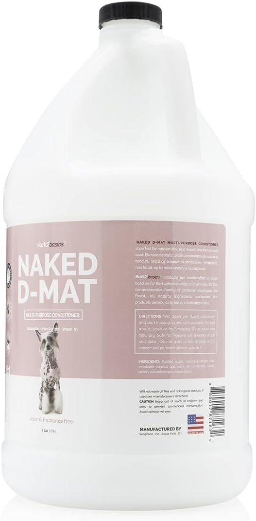 Bark2Basics Naked D-Mat conditioner gallon jug shown for professional grooming outcomes.