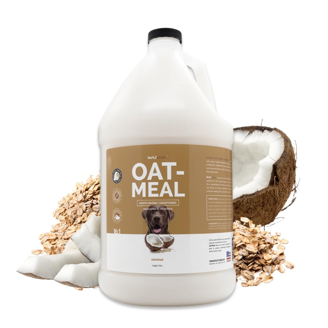 Bark2Basics Oatmeal Conditioner gallon bottle shows hydrating coat care for dogs.