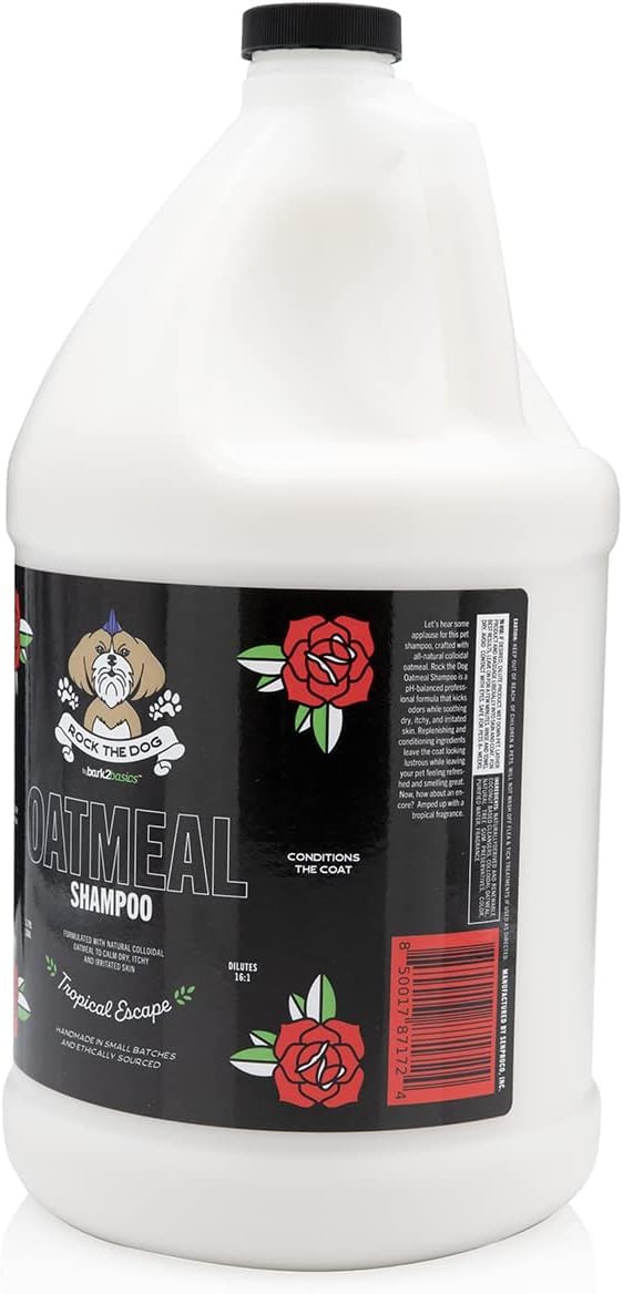 Bark2Basics Rock The Dog Oatmeal Shampoo label highlights plant-based, pH-balanced formula for sensitive dogs