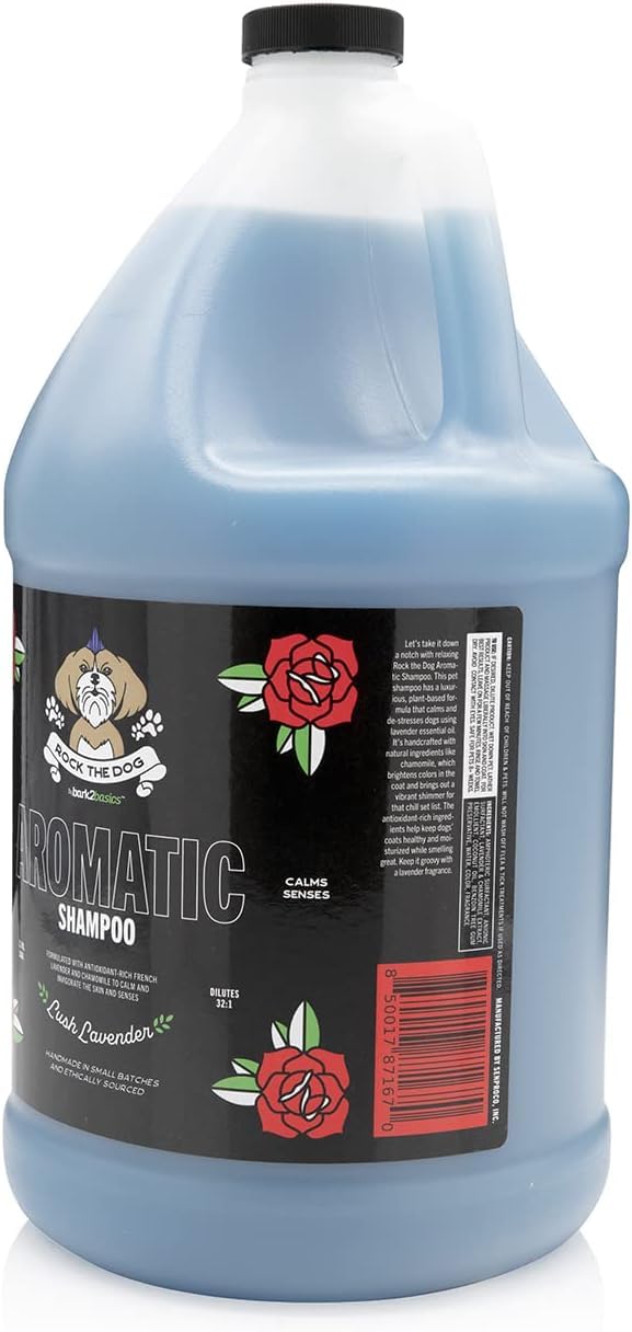 Bark2Basics Rock The Dog shampoo label closeup highlights lavender chamomile infusion.