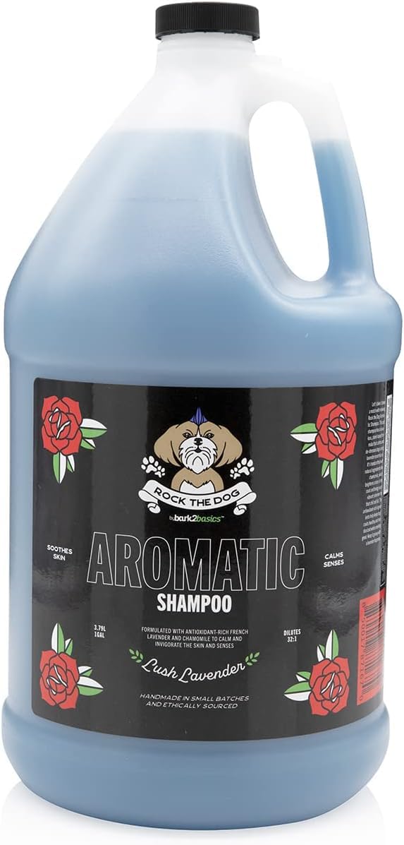 Bark2Basics Rock The Dog shampoo lavender bottle pour for calming bath-time aromatherapy.