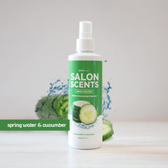 Bark2Basics Salon Scents spray mist on a freshly groomed dog's coat after grooming.