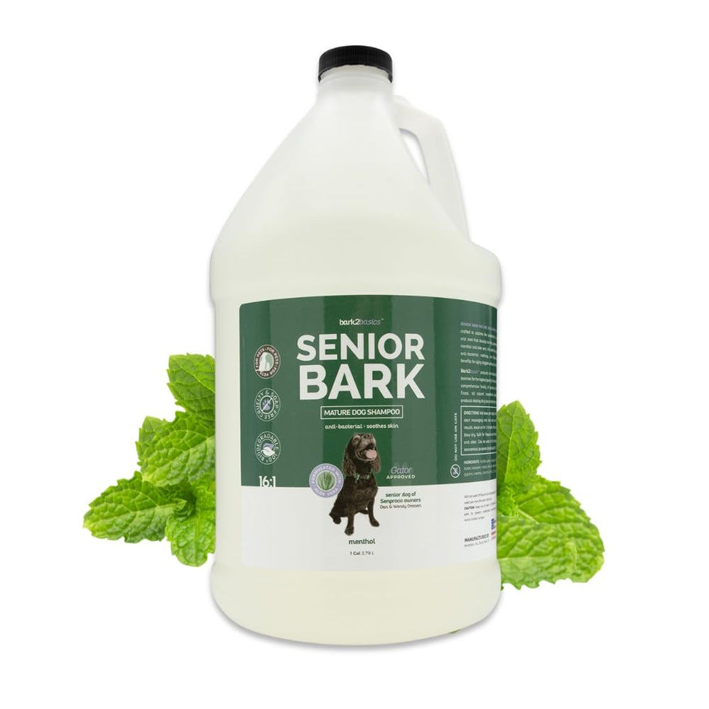 Bark2Basics Senior Bark Shampoo bottle foreground showing calm, soothing care for aging dogs