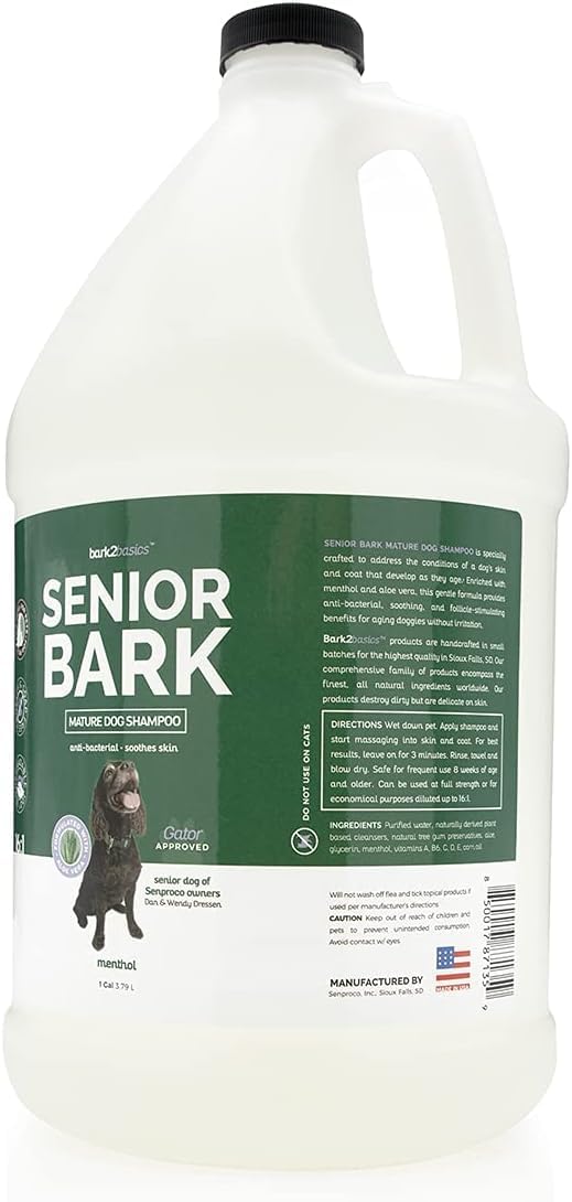 Bark2Basics Senior Bark Shampoo label close-up highlighting gentle, veteran-dog care