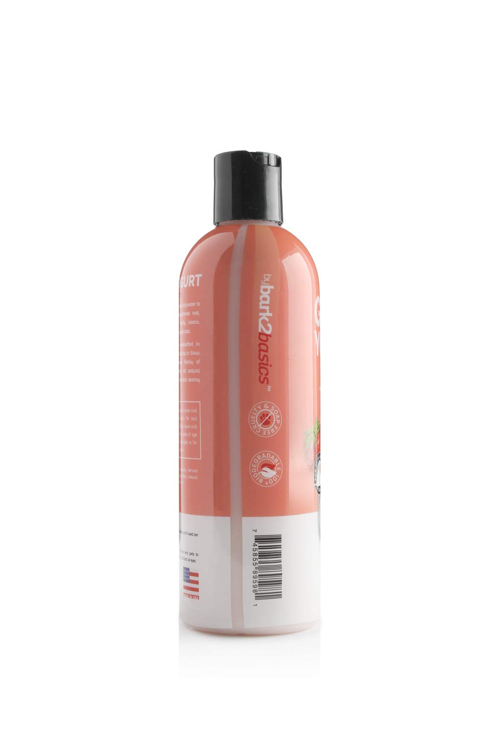 Bark2Basics strawberries-cream yogurt shampoo bottle shows premium dog shampoo for hydration