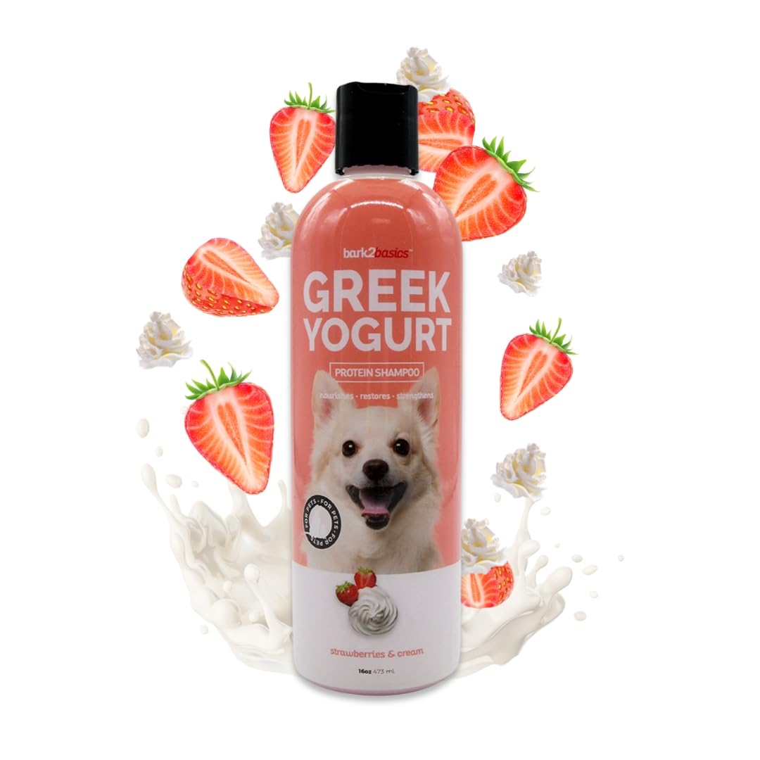 Bark2Basics strawberries-cream yogurt shampoo label highlights natural ingredients and protein-rich formula