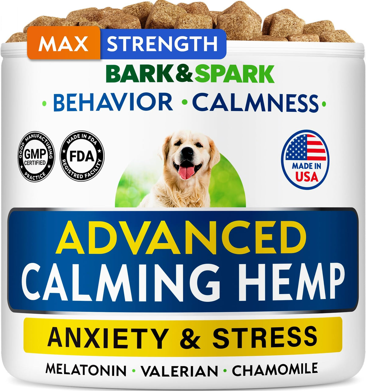 BARK&SPARK calming chews packaging showing travel-friendly design and stress relief potential.