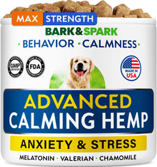 BARK&SPARK calming chews packaging showing travel-friendly design and stress relief potential.