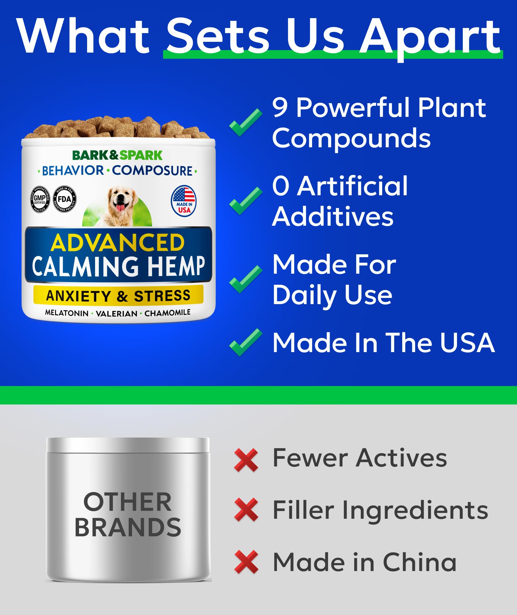 BARK&SPARK hemp oil ingredient highlight for canine calmness and balance.