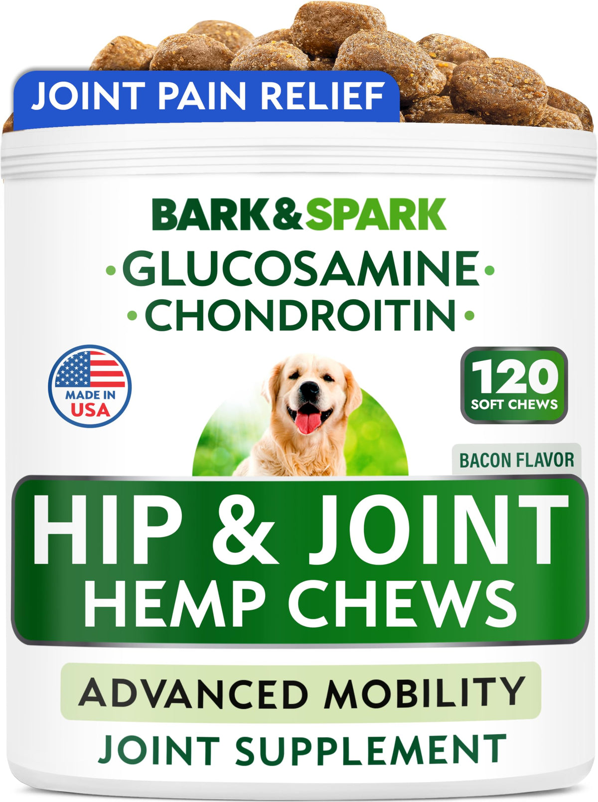 BARK&SPARK advanced hemp chews packaging for dogs with resealable bag for joint support