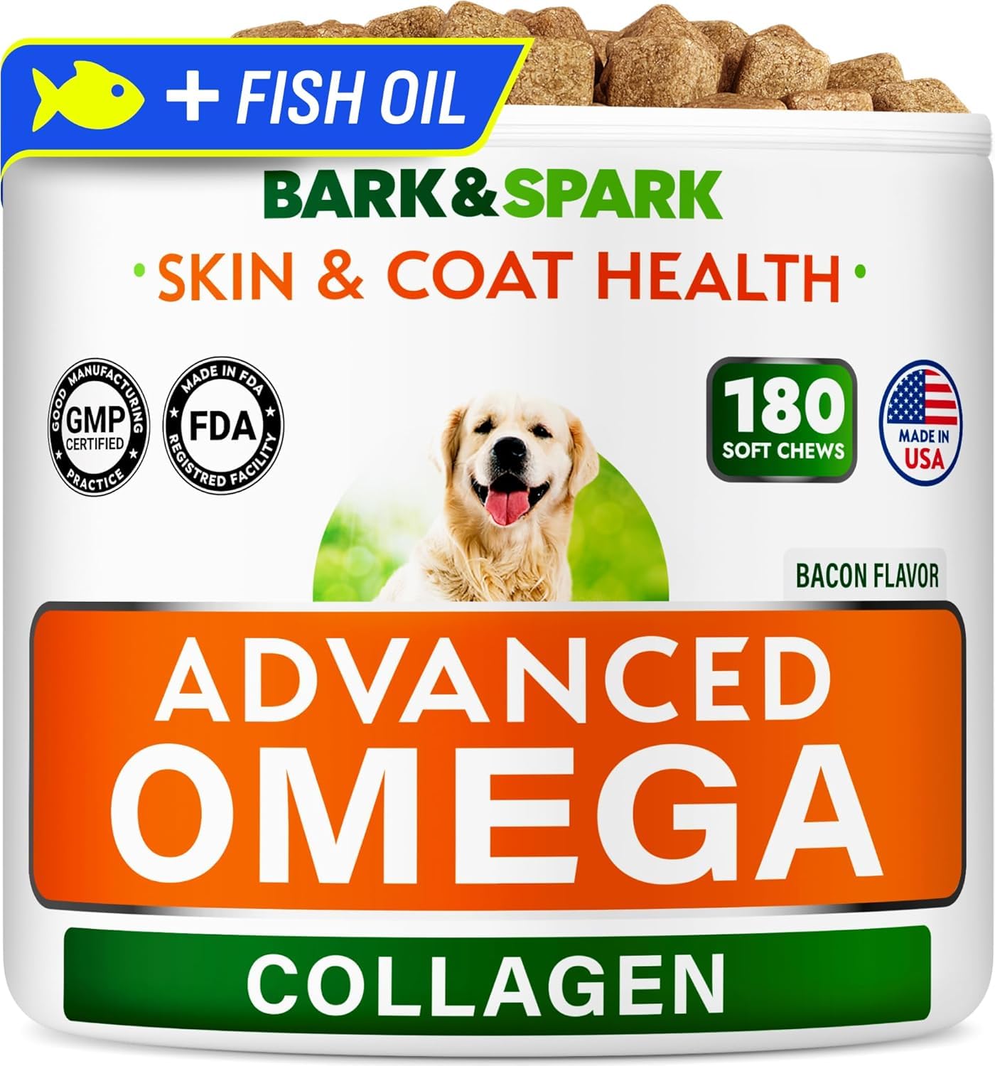 BARK&SPARK Advanced Omega-3 Collagen dog treats packshot highlights skin and coat support