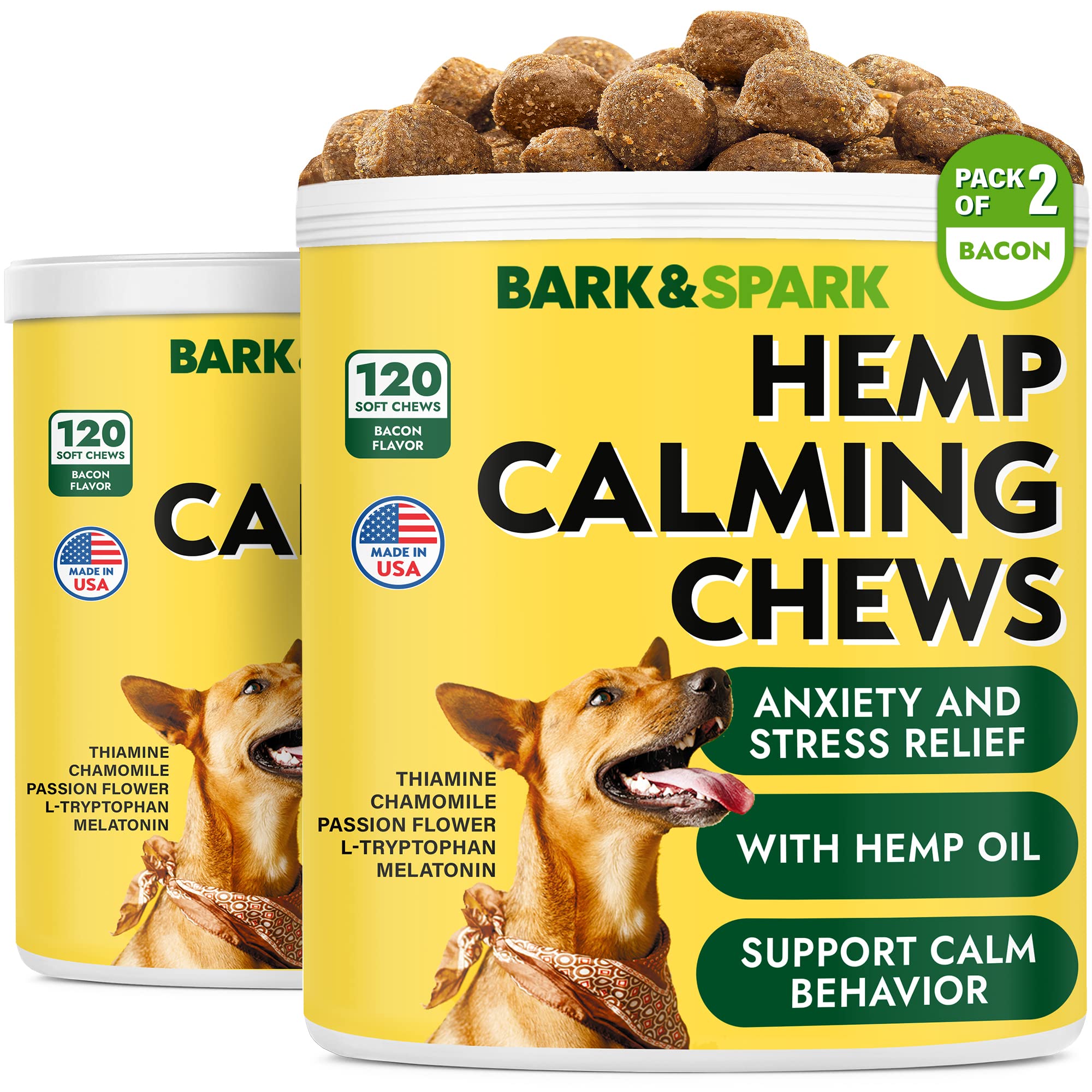 BARK&SPARK calming hemp treats packaging demonstrates stress-support for dogs.
