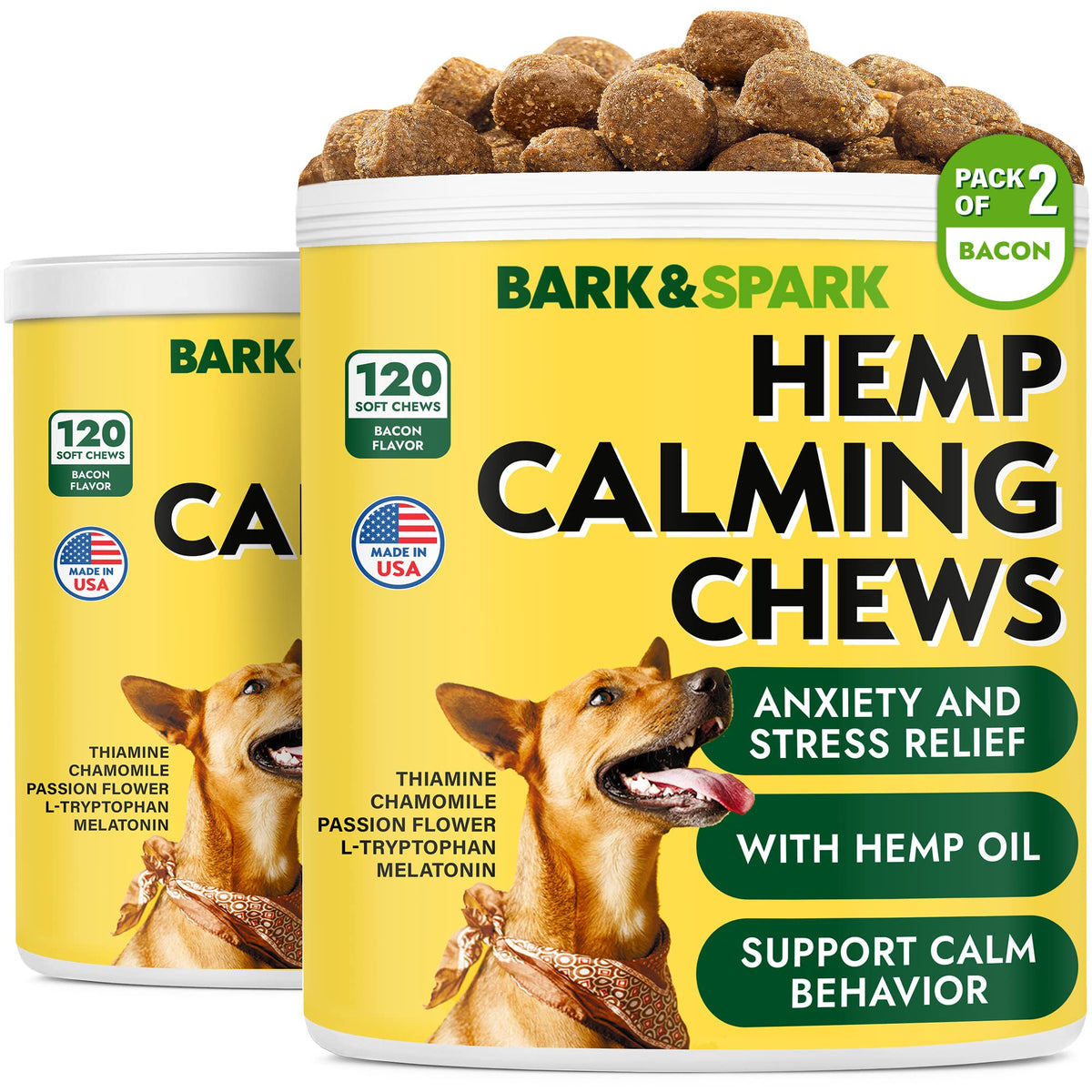 BARK&SPARK calming hemp treats packaging demonstrates stress-support for dogs.