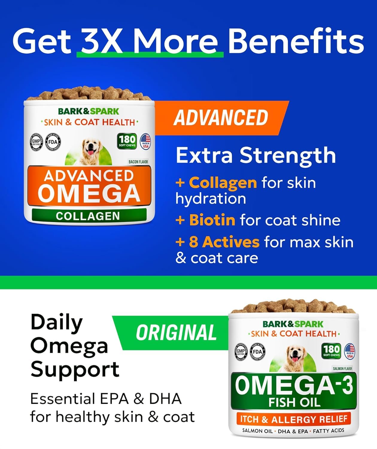 BARK&SPARK Omega-3 dog treats pour image shows easy daily serving for nourishment