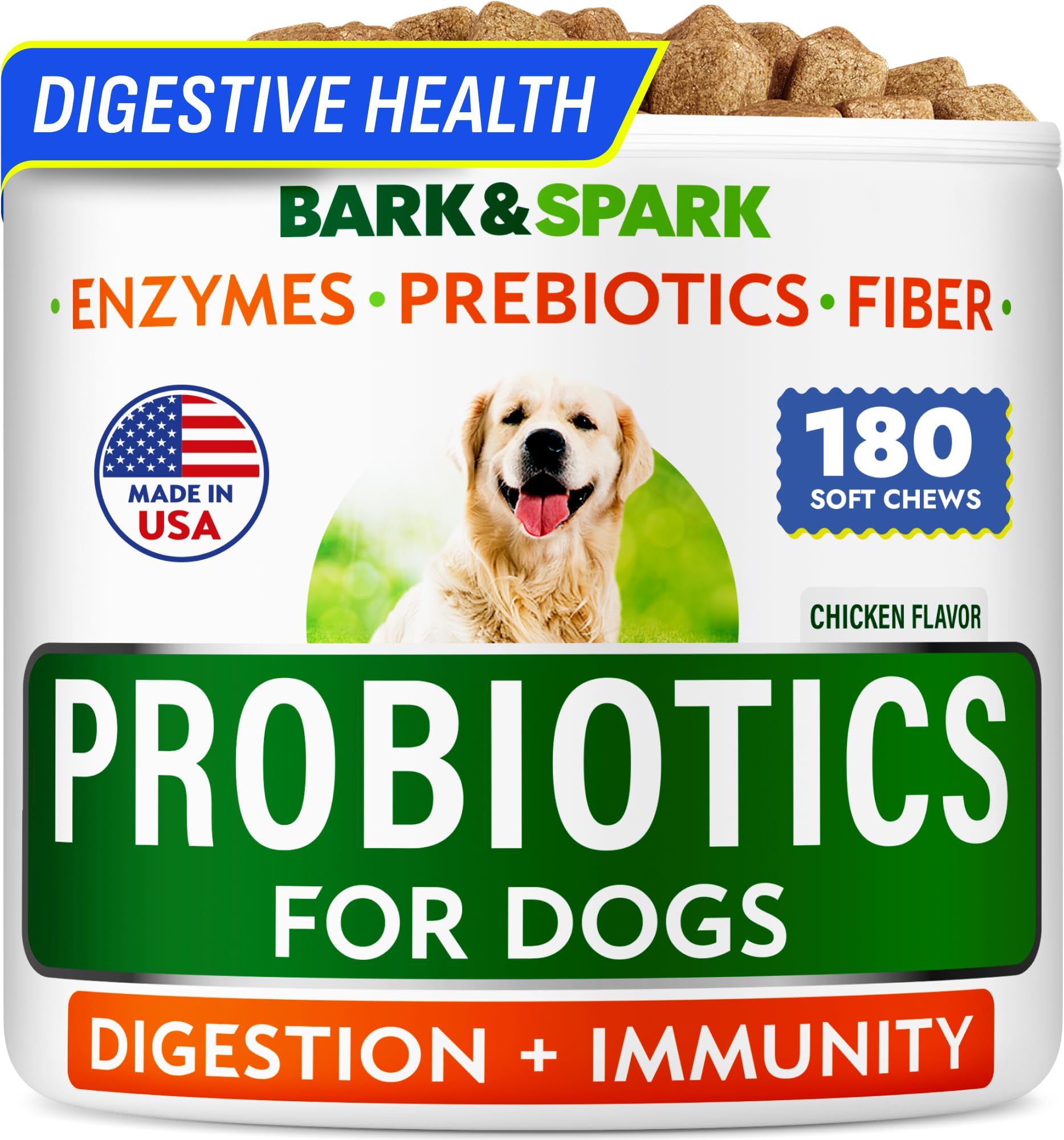 BARK&SPARK 180ct dog probiotics chicken chews support healthy digestion.