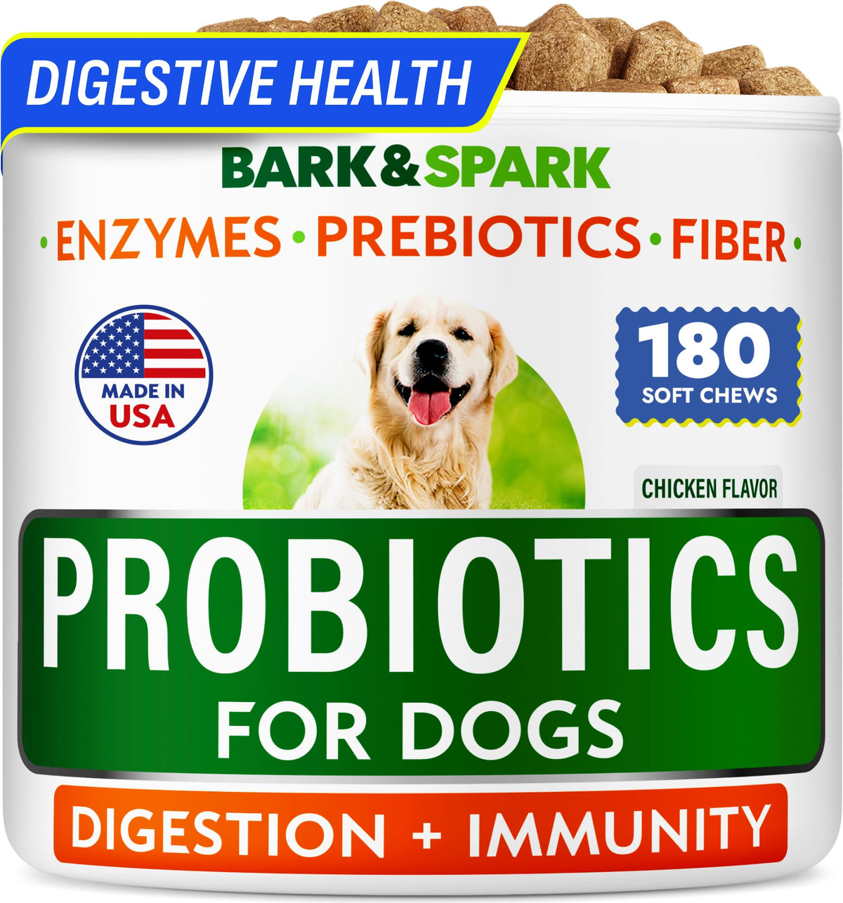 BARK&SPARK 180ct dog probiotics chicken chews support healthy digestion.