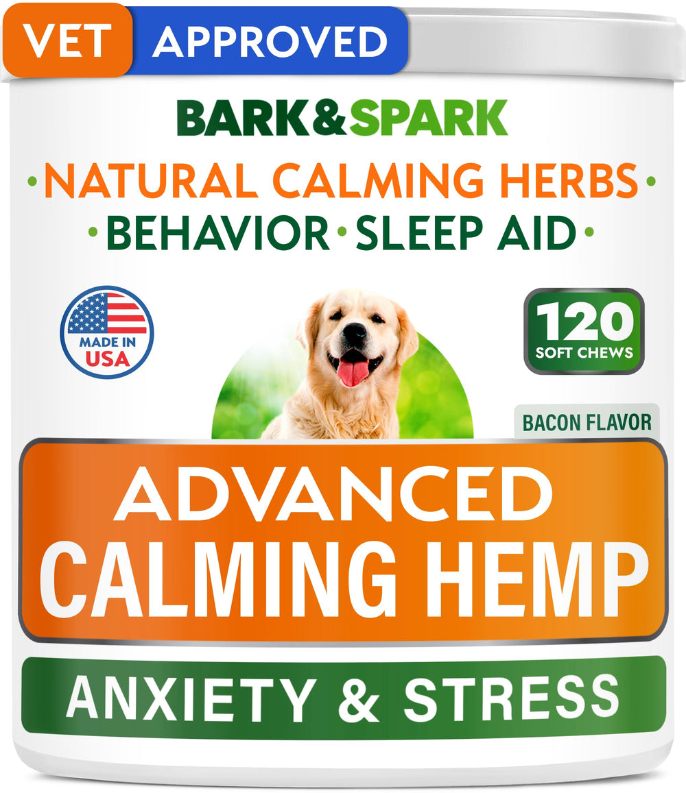 BARK&SPARK Advanced Calming Chews tub front demonstrates the calming formula for anxious dogs.
