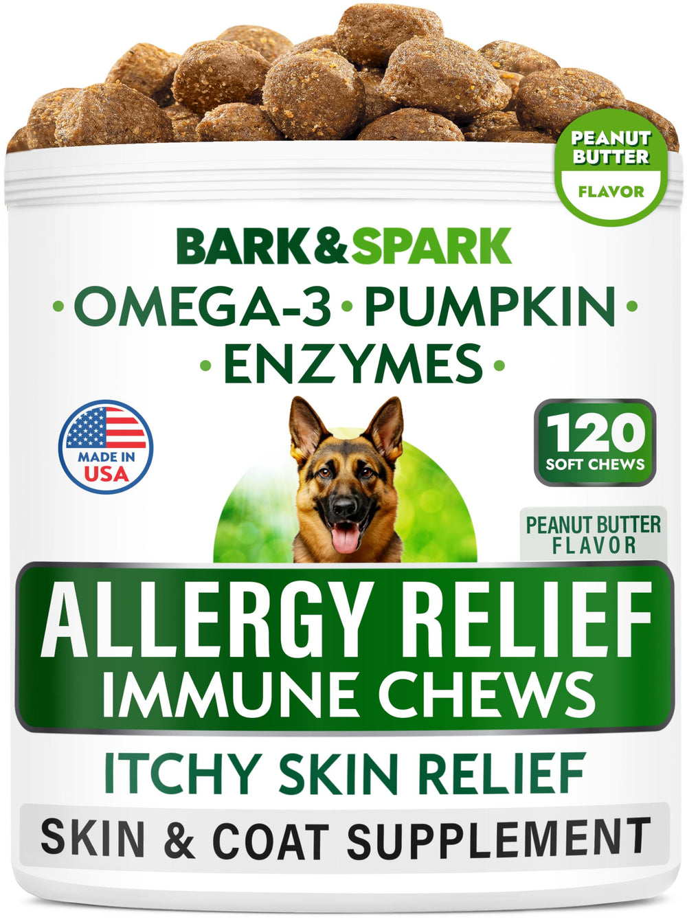BARK&SPARK allergy-relief chews jar shows comforting solution for itchy skin