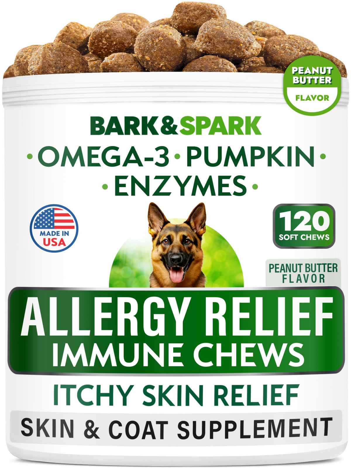 BARK&SPARK allergy-relief chews jar shows comforting solution for itchy skin