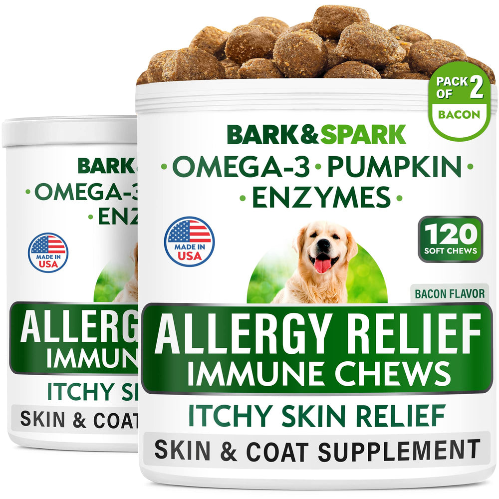 BARK&SPARK dog allergy chews bottle front label showing bacon flavor for paw relief