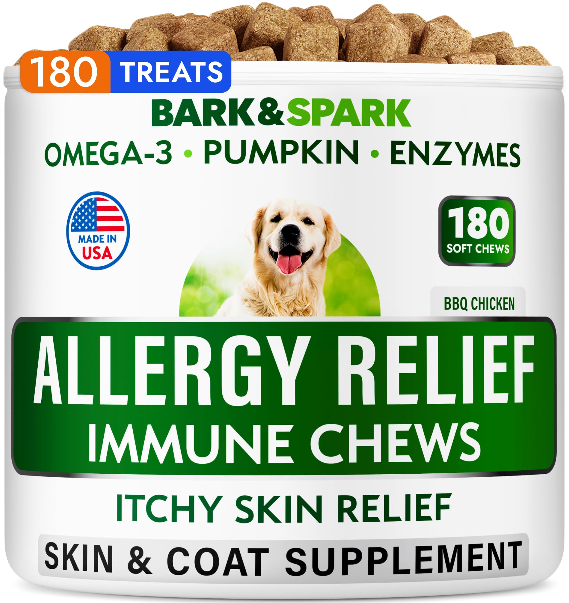 BARK&SPARK dog allergy relief chews jar front for skin and coat support.