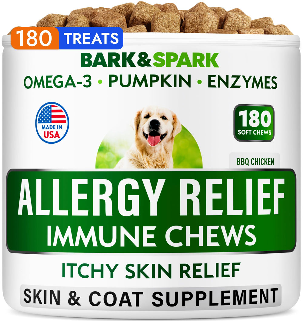 BARK&SPARK dog allergy relief chews jar front for skin and coat support.