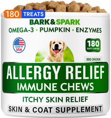BARK&SPARK dog allergy relief chews jar front for skin and coat support.
