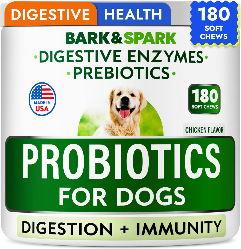 BARK&SPARK dog probiotics digestive enzymes 180ct bottle supports gut health and immune vitality.