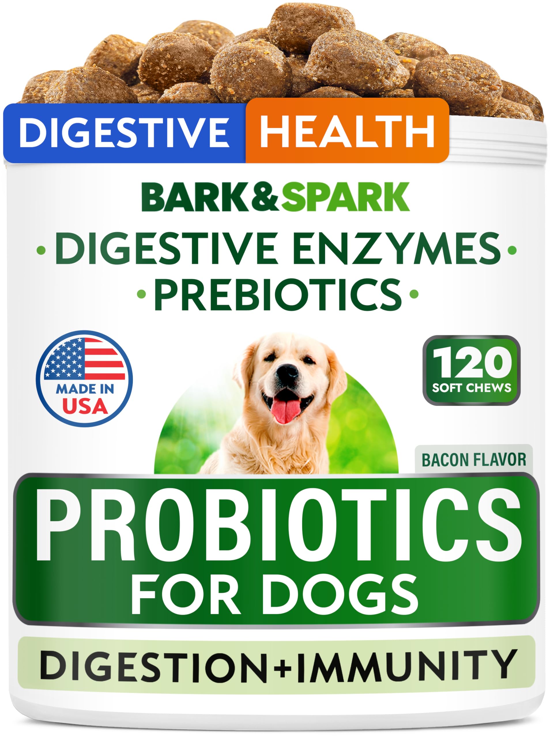 BARK&SPARK dog probiotics five-strain chews promote balanced digestion for daily comfort.
