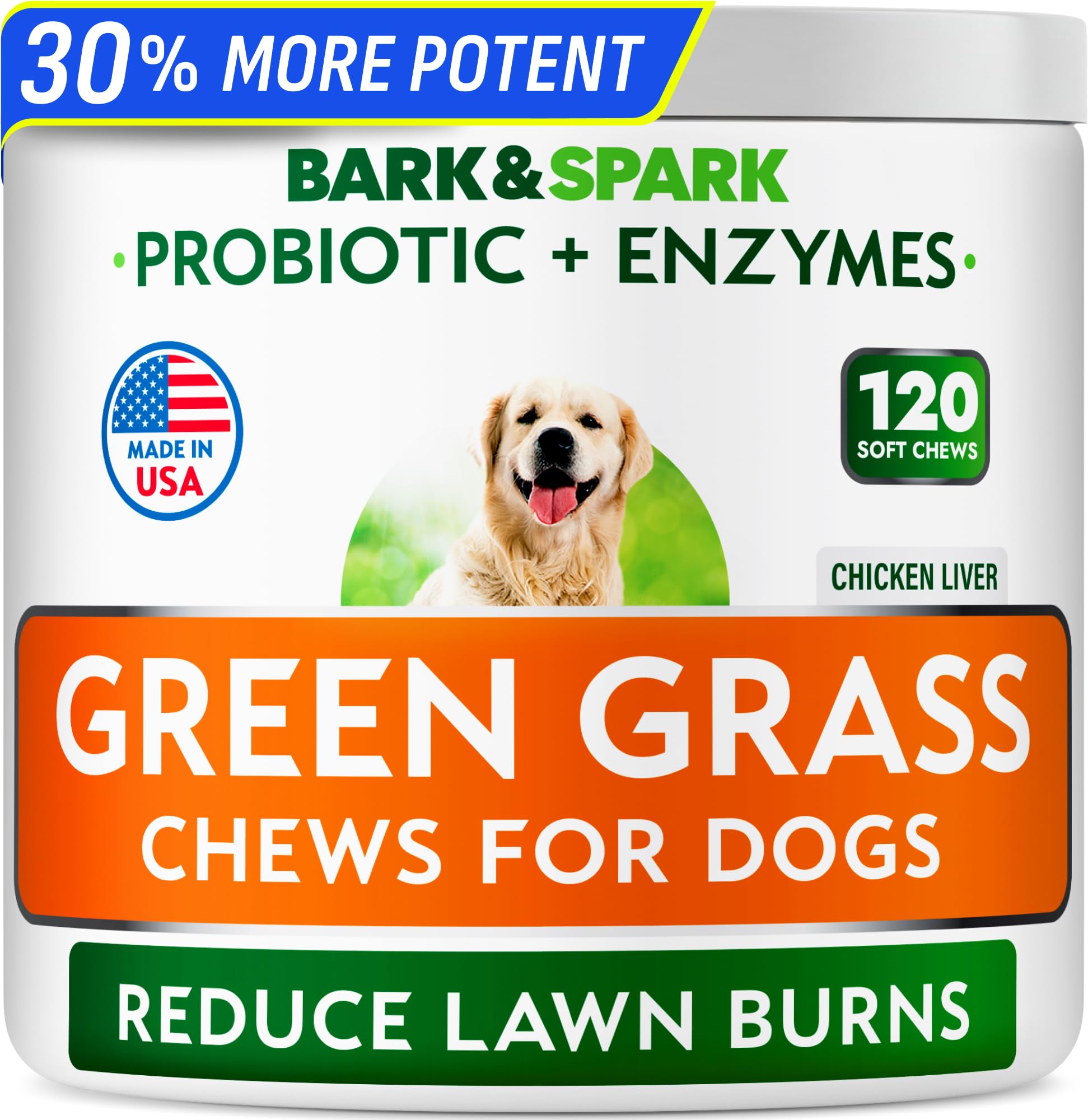 BARK&SPARK Green Grass Chews bottle closeup showing lawn-protecting formula