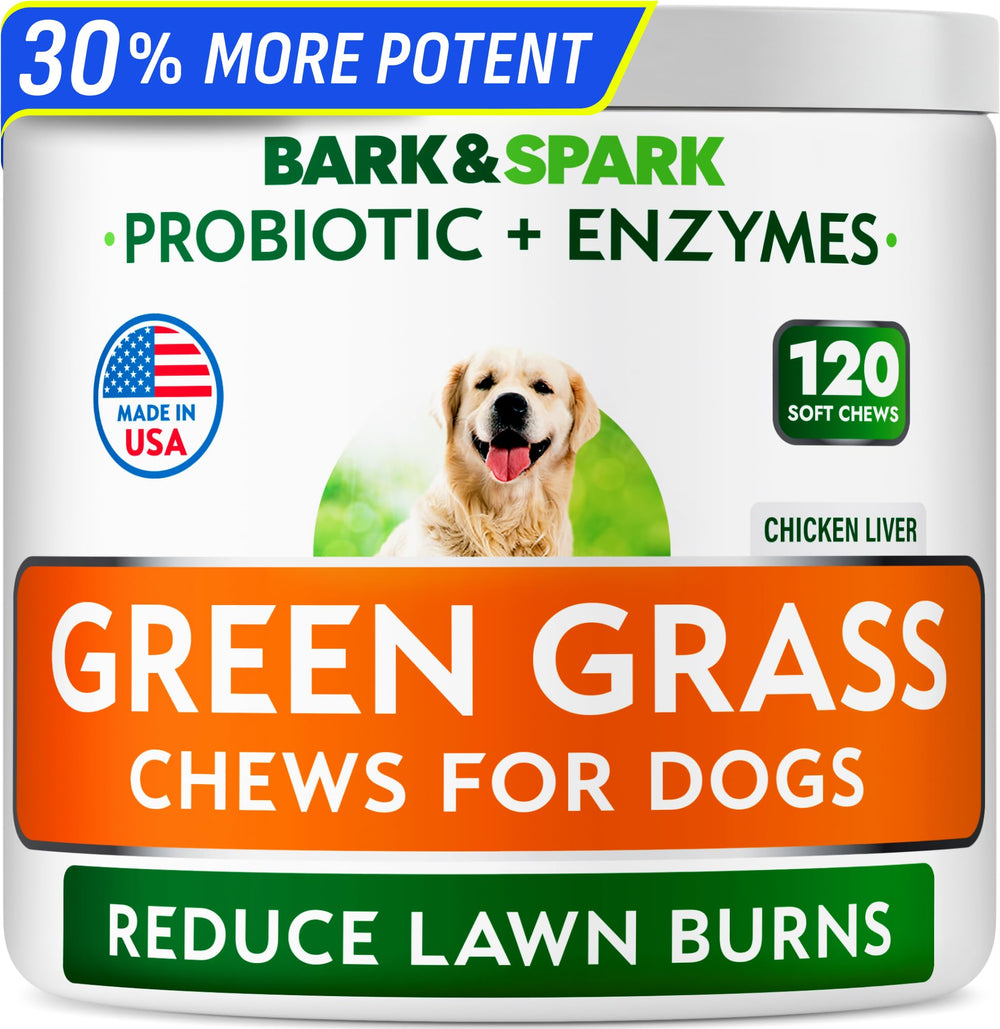BARK&SPARK Green Grass Chews bottle closeup showing lawn-protecting formula