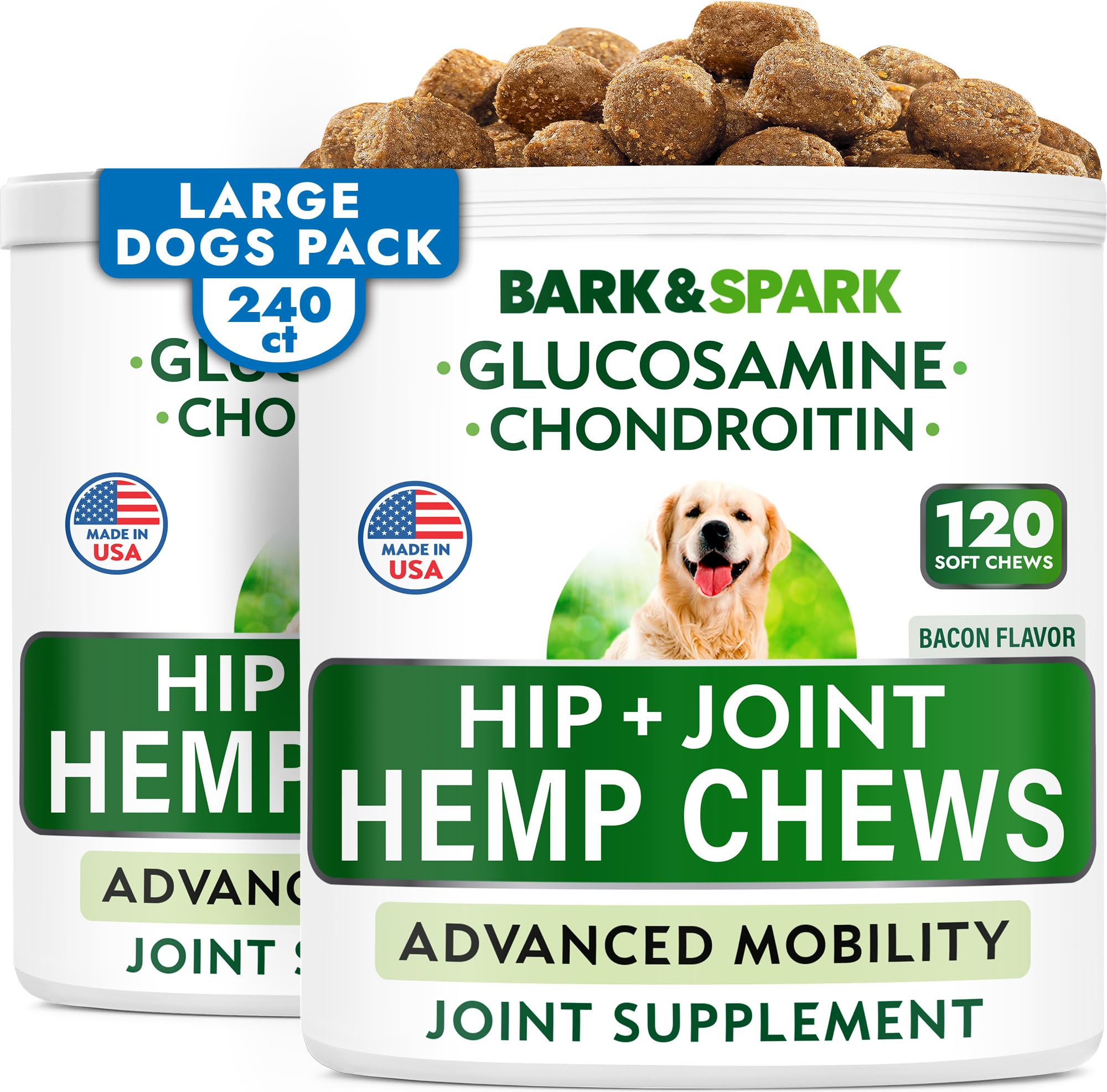 BARK&SPARK hemp chews bottle closeup for joint support and palatable daily use