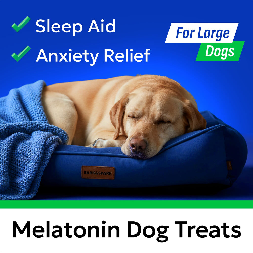 BARK&SPARK melatonin dog chews 6mg highlighting adjustable dosing for small and large dogs.