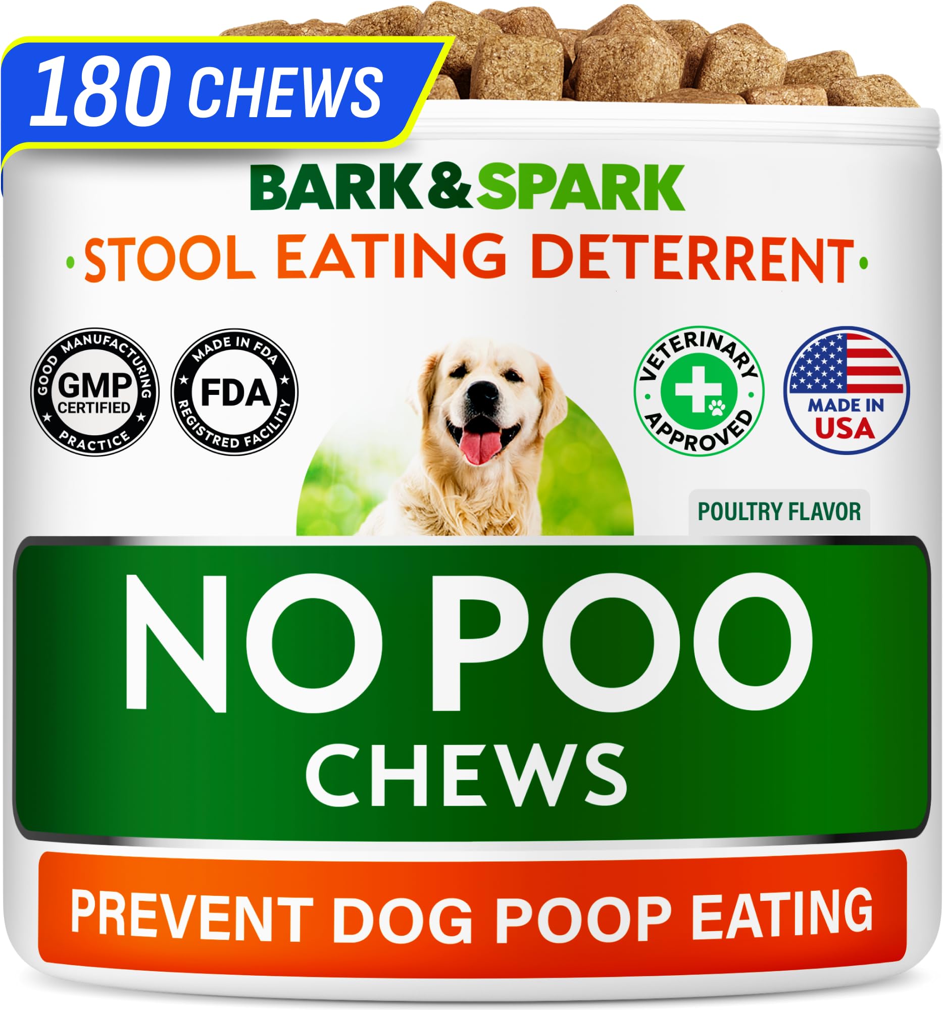 BARK&SPARK No Poo Chews packaging front shows vet-formulated deterrent.